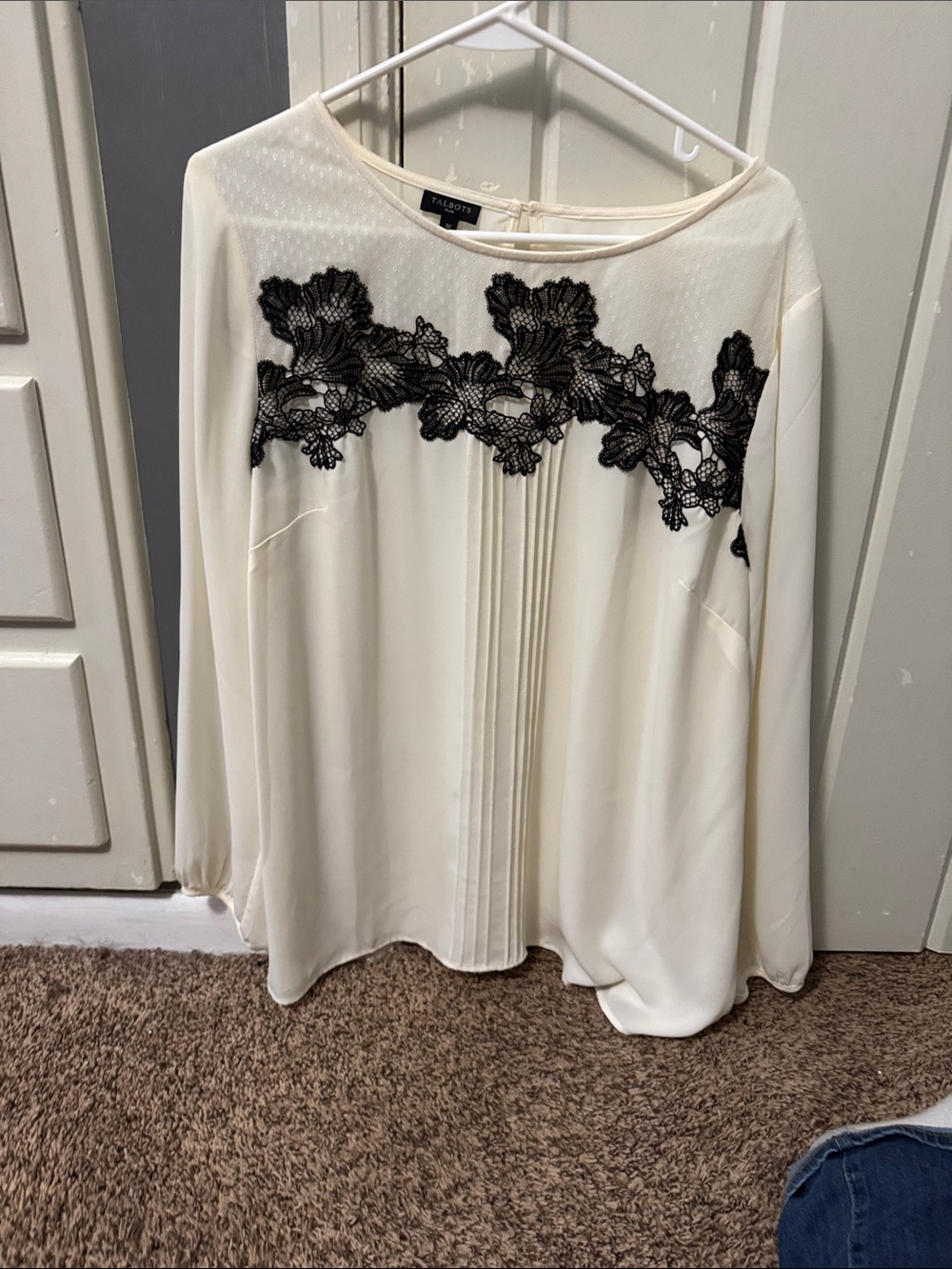 Talbots Cream Blouse with Black Lace Trim